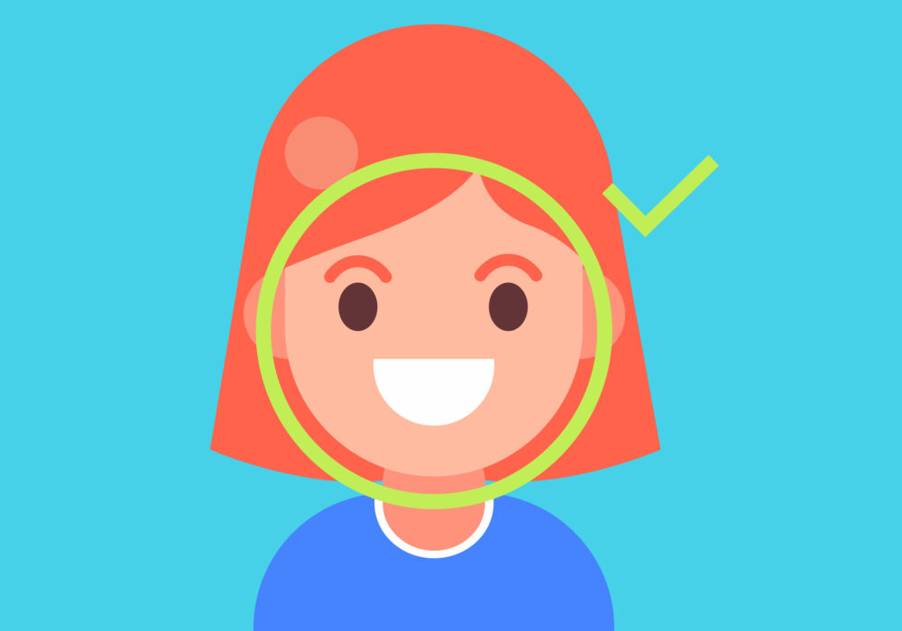 Face recognition and mobile identification. Young woman unlocking her smartphone, or app. Vector flat illustration